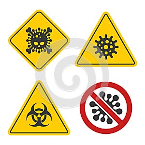 Coronavirus Warning and Stop Sign Set on White Bsckground. Vector