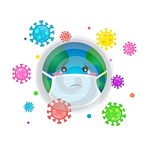 Coronavirus and wearing mask global cartoon design, vector illustration. Covid-19 pandemic concept