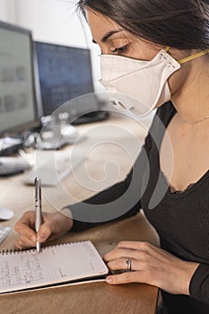 Coronavirus. Woman at the office sick with mask for corona virus. Business women wear masks to protect and take care of their hea