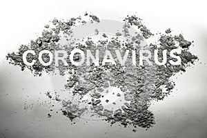 Coronavirus word and germ microbe silhouette drawing made in dirt, filth photo