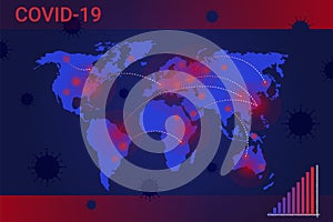 Coronavirus world map illustration. Red foci infection on continents with chains of virus spreading.