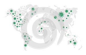 Coronavirus on a world map. The virus is in China, Europe, USA, Africa, Australia and in many other countries