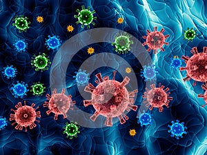 coronaviruses of different colors - 3d rendering