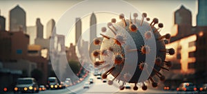 Coronaviruses floating over a city photo