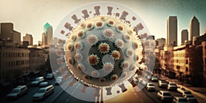 Coronaviruses floating over a city