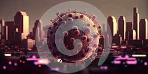 Coronaviruses floating over a city