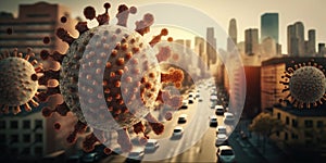 Coronaviruses floating over a city photo