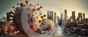 Coronaviruses floating over a city photo