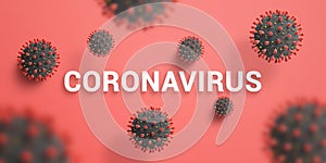 Coronaviruses virions fall on the text on red desk