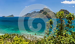 Corong Beach, El Nido, Palawan, Philippines amazing nature, panorama view of evergreen islands and blue lagoon with