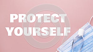 Coronovirus protection banner. Surgical face masks and hand sanitizer gel. Coronavirus, Ncov-19 preventions concept. photo