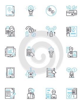 Corporate accounting linear icons set. Budgeting, Auditing, Forecasting, Taxation, Analysis, Compliance, Financials line