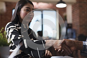 Corporate applicant shaking hands with businessman during interview meeting