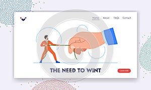 Corporate Battle in Business Landing Page Template. Tiny Businessman Character Pull Rope Against The Giant Hand Of Boss