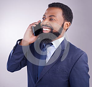 Corporate black man, phone call and smile in studio for business conversation, hello and chat. Happy executive, male