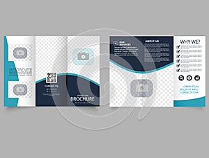 Corporate blue trifold brochure with waves. Editable vector templates with design elements