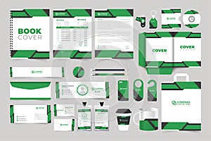 Corporate brand identity template collection for marketing. Special company promotional stationery design with green and black