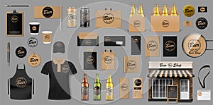 Corporate Branding identity template design for beer shop. Brewery elements for your Beer Pub or Bar. Realistic mockup
