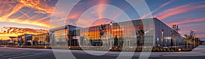 Corporate Building Facade Reflecting Fiery Sunset. A dramatic fiery sunset reflects on the glass facade of a contemporary