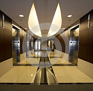 Corporate building hallway interior elevators