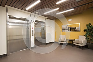 Corporate building hallway interior elevators
