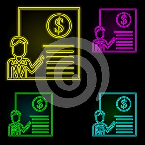 Corporate and business, business man, manager, money, report neon color set icon. Simple thin line, outline vector of corporate