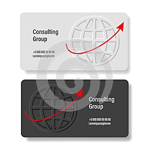 Corporate Business card template with volume world icon with red increasing arrow, business consulting card template