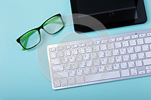 Corporate business desktop with laptop, digital tablet, accessories and work equipment. selective focus.