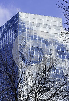 Corporate business glass building reflecting the sky and clouds