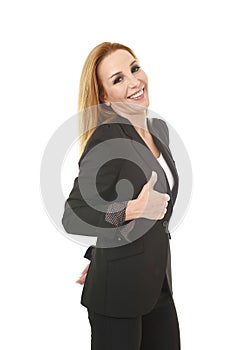 Corporate business portrait attractive blond hair businesswoman with folded arms smiling happy and confident