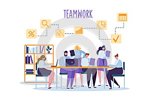 Corporate Business Team People Behind Desk. Flat Characters Office Workers. Teamwork Concept. Coworking Space