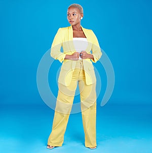 Corporate, business woman and entrepreneur in studio assertive for career, job and startup on blue background
