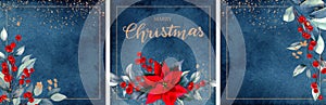 Corporate Christmas cards and invitations with Poinsettia, holly, winter berries in bouquet. Modern universal artistic