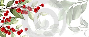 Corporate Christmas cards and invitations with Poinsettia, holly, winter berries in bouquet. Modern universal artistic