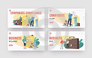 Corporate Compliance Rules Landing Page Template Set. Characters Read Representation of Business Laws, Regulations a