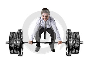 Corporate composite of young attractive businessman power lifting heavy dumbbell weights