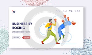 Corporate Conflicts, Knockout Landing Page Template. Two Businessmen Engaging In A Boxing Match Vector Illustration