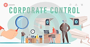 Corporate Control Landing Page Template. Business Characters under Chef Observation at Work, Hand Hold Huge Glass