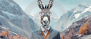 Corporate Donkey with Style in the Alps. Concept Comedic Characters, Office Humor, Alpine