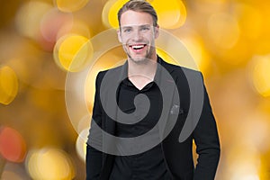 Corporate dress code. Man happy formal black suit festive blurred background. Business casual. Casual look made for