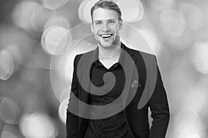 Corporate dress code. Man happy formal black suit festive blurred background. Business casual. Casual look made for