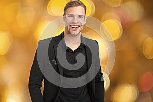 Corporate dress code. Man happy formal black suit festive blurred background. Business casual. Casual look made for