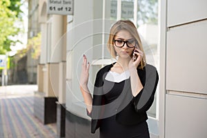 Corporate employee woman raising hand in air