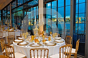 Corporate Event, Dinner with Marina Bay View, Decoration Tables Decoration, Lecture Banquet