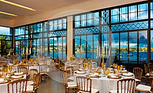 Corporate Event Dinner, Marina Bay View, Decoration Tables Decoration, Lecture Banquet
