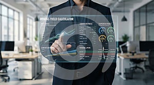 Future technology concept with businessman. Virtual touch screen for cyber security, data analysis and digital network management.