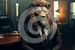 A corporate executive, with a lions head, presides over the office photo