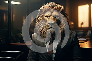 A corporate executive, with a lions head, presides over the office photo