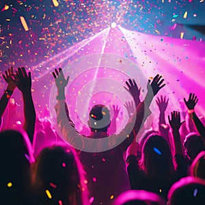 Corporate festival buddies on neon modern disco with flying confetti hands up - generated by ai