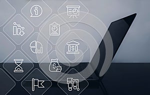 Corporate finance closeup concept image with white glyph icons